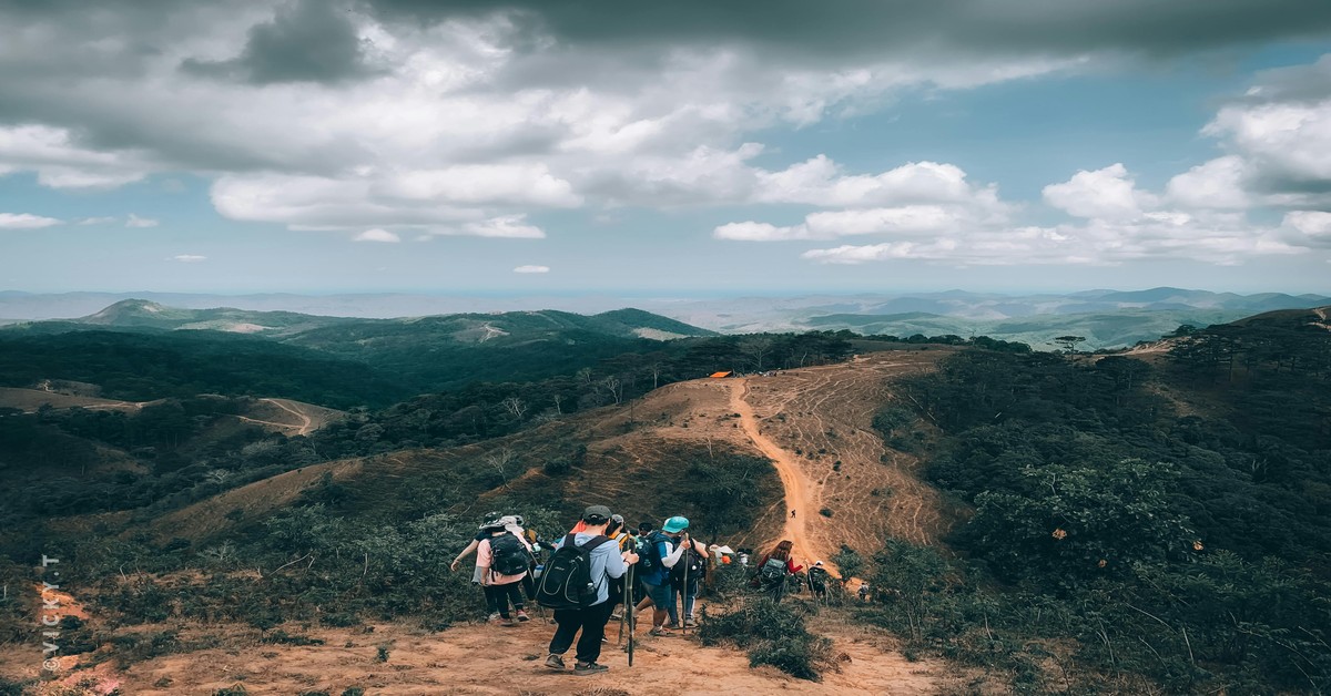 Hiking Bachelorette Party on a Scenic Trail Group of women hiking on a scenic mountain trail with backpacks
